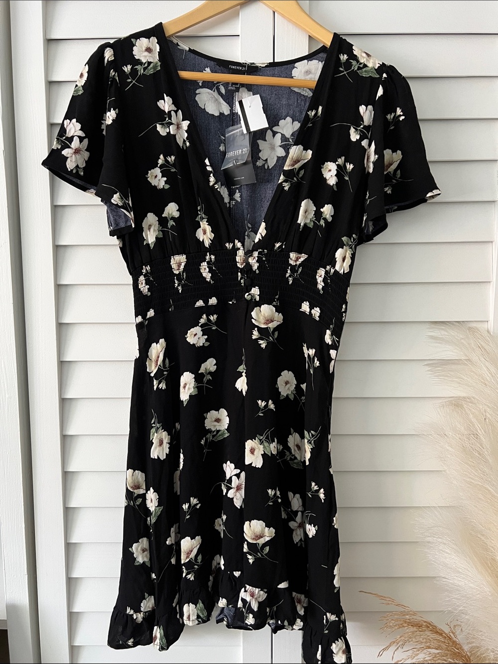 Floral V-Neck Black Mini Dress